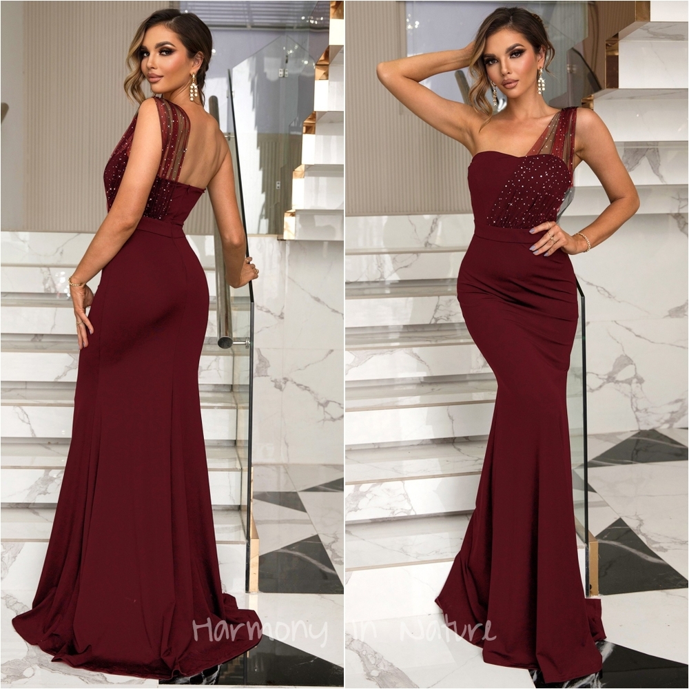 Moonlit Glam Rhinestone Dress - Burgundy - Picture 1 of 8